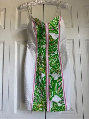 Lilly Pulitzer White Strapless Dress with Pink, Yellow and Green Accents.